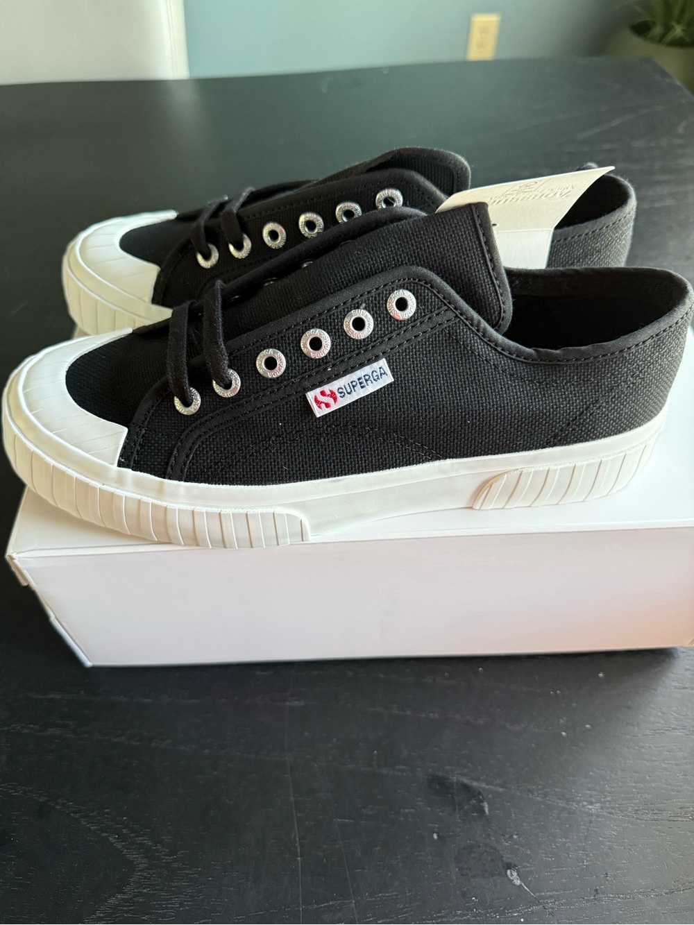 Superga Black Canvas Low-Profile Sneakers with White Sole